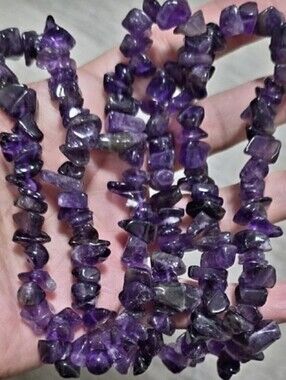 Vtg 70s Authentic Deep Polished Cut Amethyst Chip & Chunk Long Strung Necklace